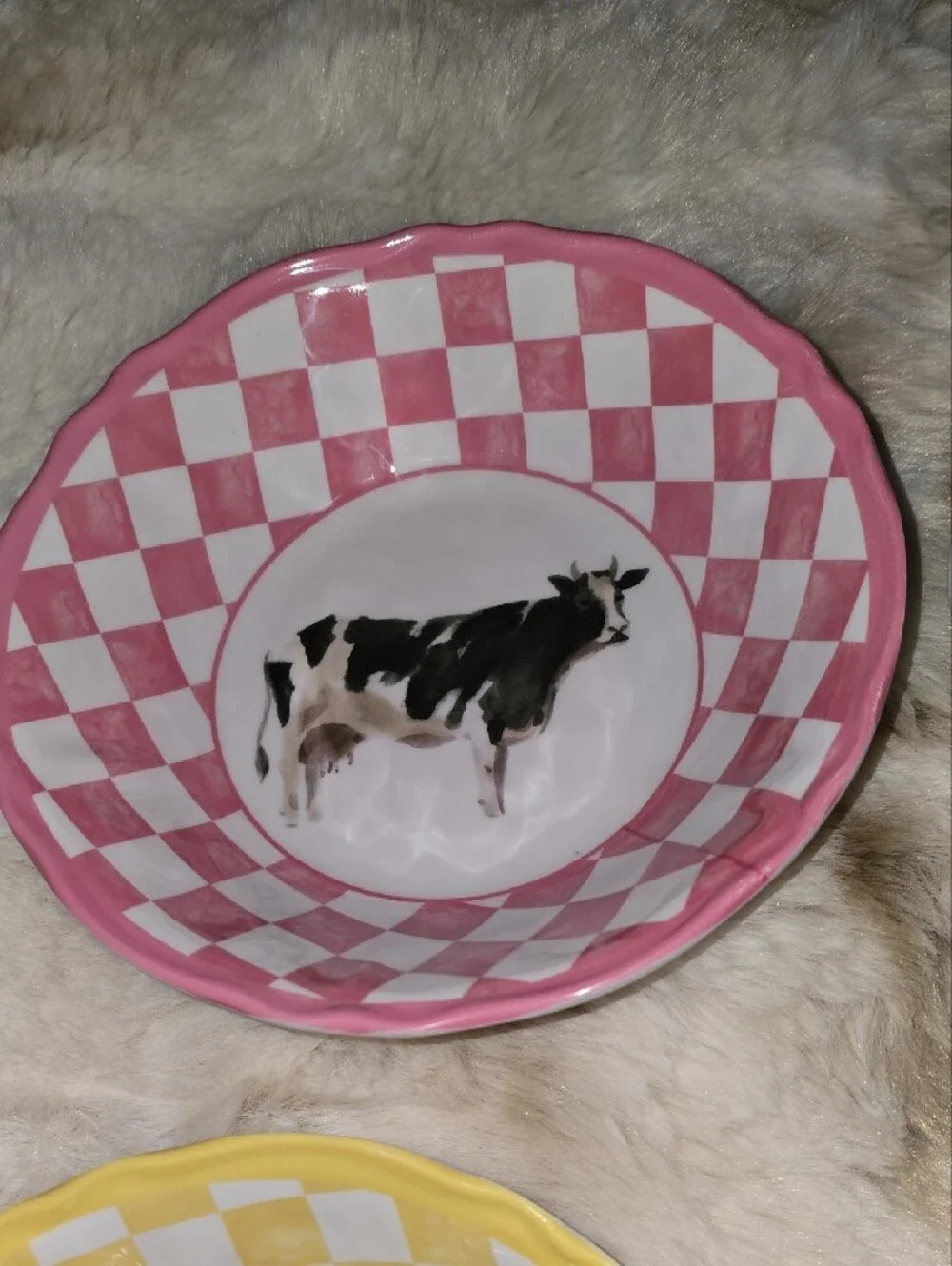 Farmhouse Set of 4 Farm Animal Salad Bowls - Pink, Gray, Yellow, Blue Check